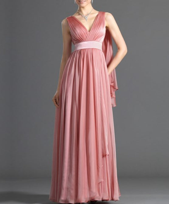Watermelon V Neck Sleeveless Long Chiffon Prom Dress With Cape