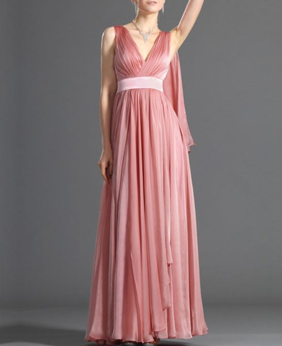 Watermelon V Neck Sleeveless Long Chiffon Prom Dress With Cape