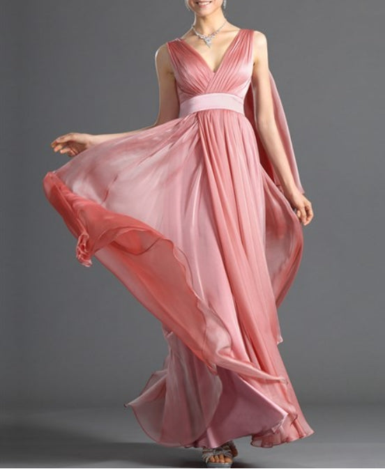 Watermelon V Neck Sleeveless Long Chiffon Prom Dress With Cape