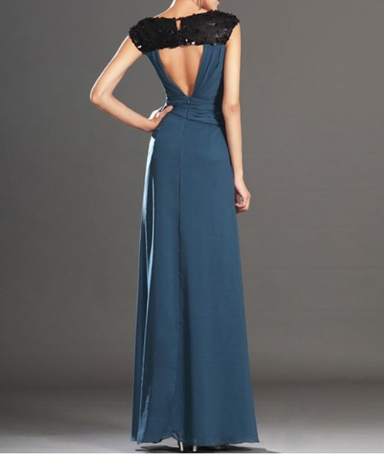 Deep V Neck Sleeveless Sequin Embellished Floor Length Prom Dress