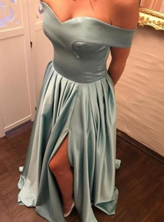 Blue Off The Shoulder Pleated Satin Prom Dress With Split
