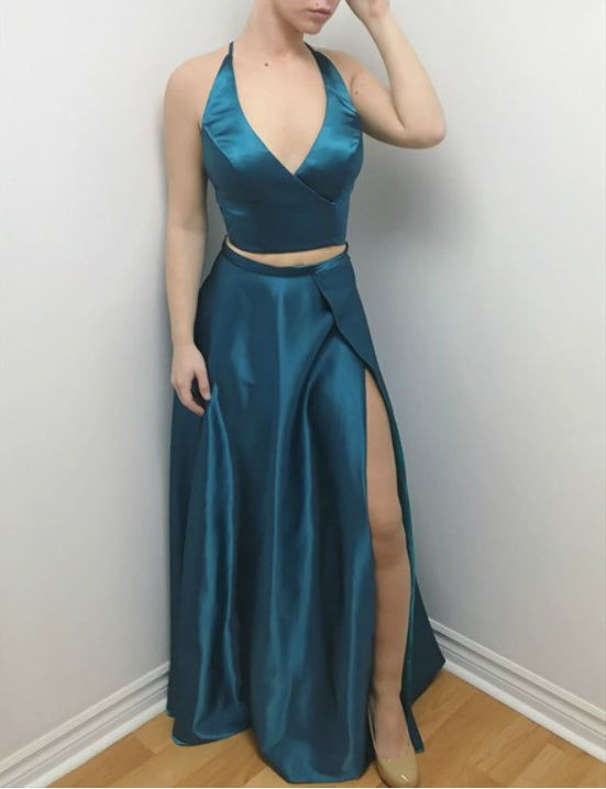 Turquoise V Neck Sleeveless Cross Back Satin Prom Dress With Split