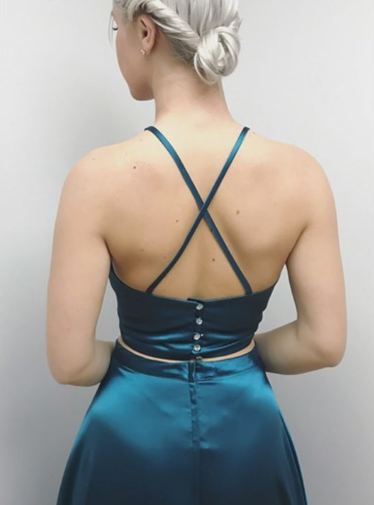Turquoise V Neck Sleeveless Cross Back Satin Prom Dress With Split
