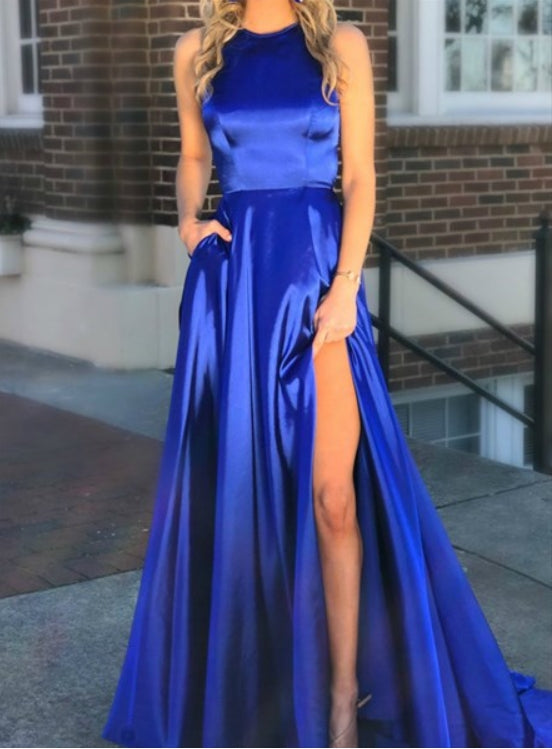 Royal Blue High Neck Cut Out Back Satin Long Prom Dress With Split