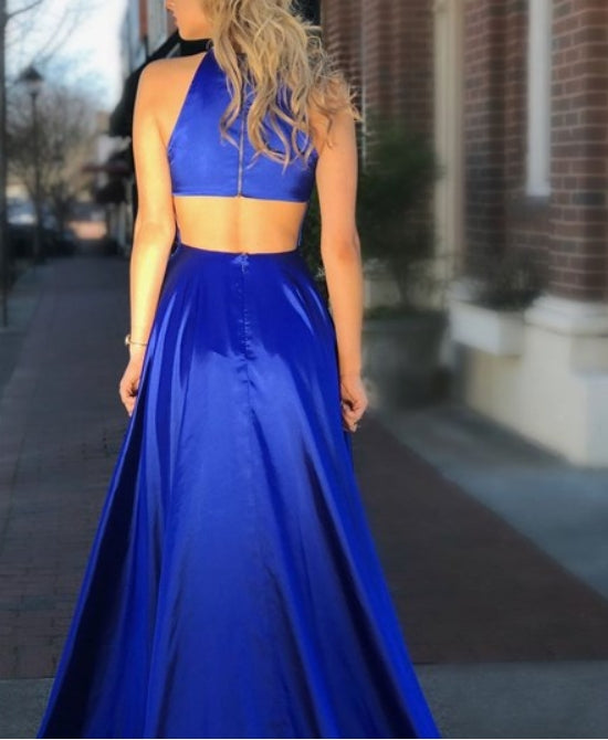 Royal Blue High Neck Cut Out Back Satin Long Prom Dress With Split
