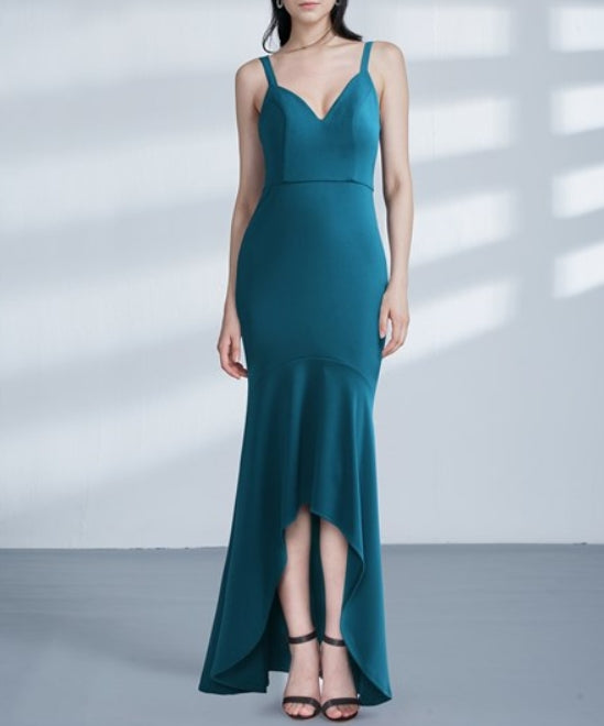 Blue Spaghetti Strap V Back Sheath Mermaid High Low Prom Dress