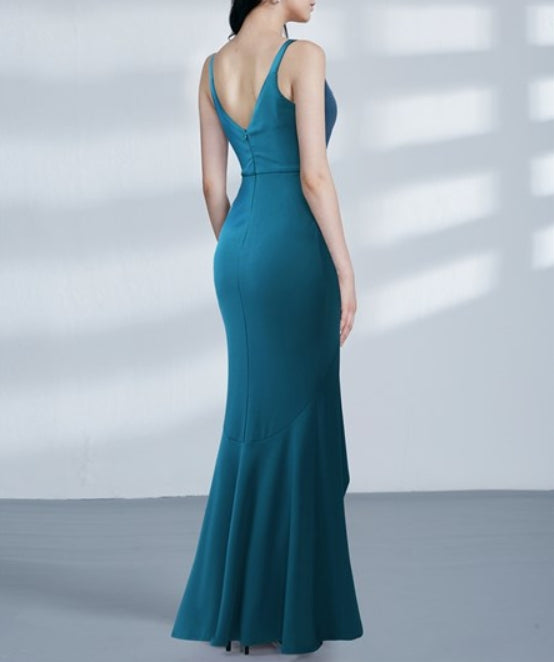 Blue Spaghetti Strap V Back Sheath Mermaid High Low Prom Dress