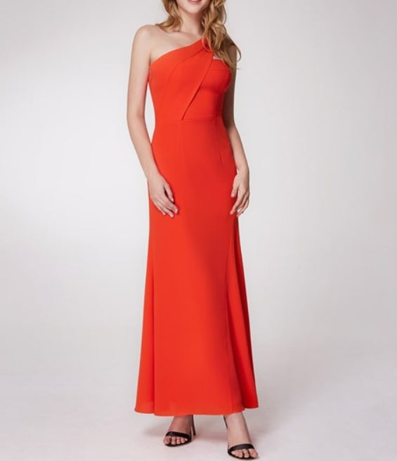 Orange One Shoulder Ruched Empire Waist Sheath Chiffon Prom Dress