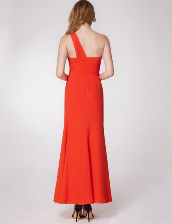 Orange One Shoulder Ruched Empire Waist Sheath Chiffon Prom Dress