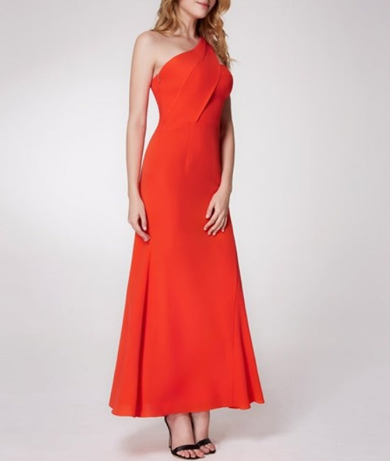Orange One Shoulder Ruched Empire Waist Sheath Chiffon Prom Dress