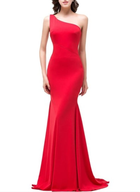 Simple Red One Shoulder Sleeveless Sheath Mermaid Prom Dress