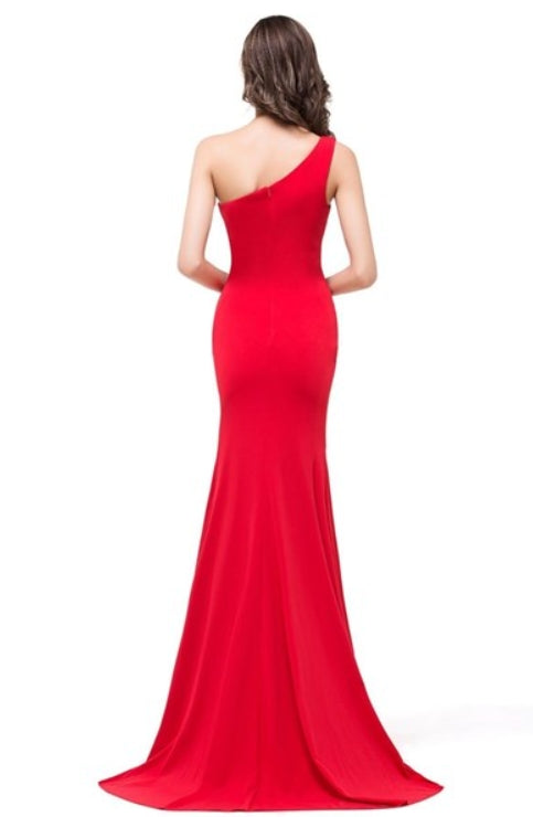 Simple Red One Shoulder Sleeveless Sheath Mermaid Prom Dress