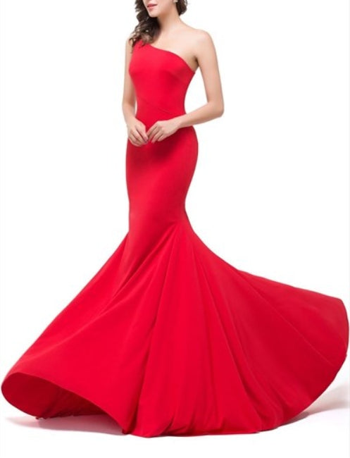 Simple Red One Shoulder Sleeveless Sheath Mermaid Prom Dress