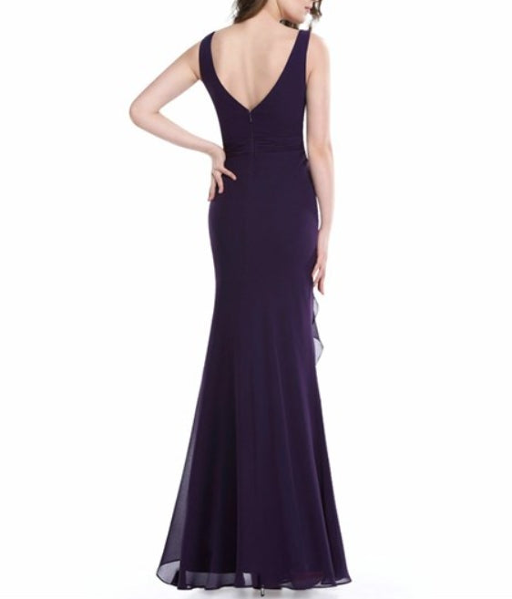 Purple Bateau Neck Sleeveless Sheath Floor Length Chiffon Prom Dress