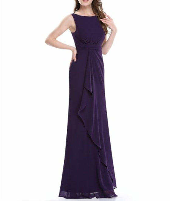 Purple Bateau Neck Sleeveless Sheath Floor Length Chiffon Prom Dress