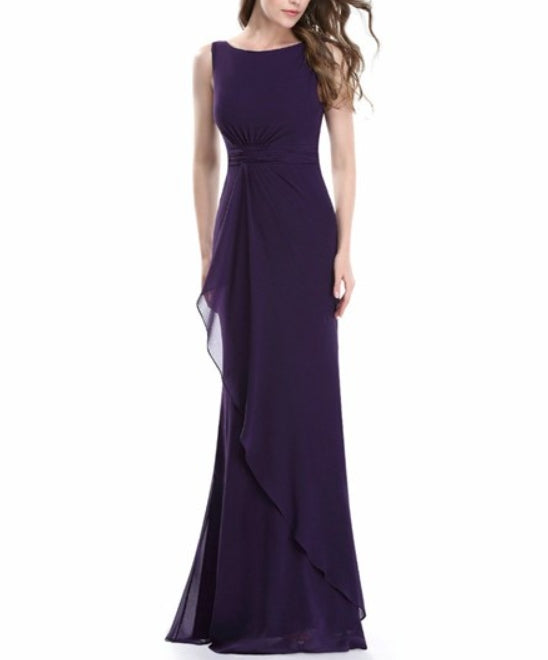 Purple Bateau Neck Sleeveless Sheath Floor Length Chiffon Prom Dress