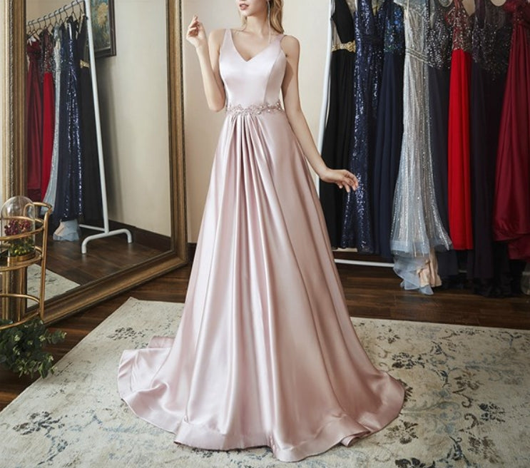 Elegant A Line V Neck Sleeveless Beaded Floor Length Satin Prom Dress