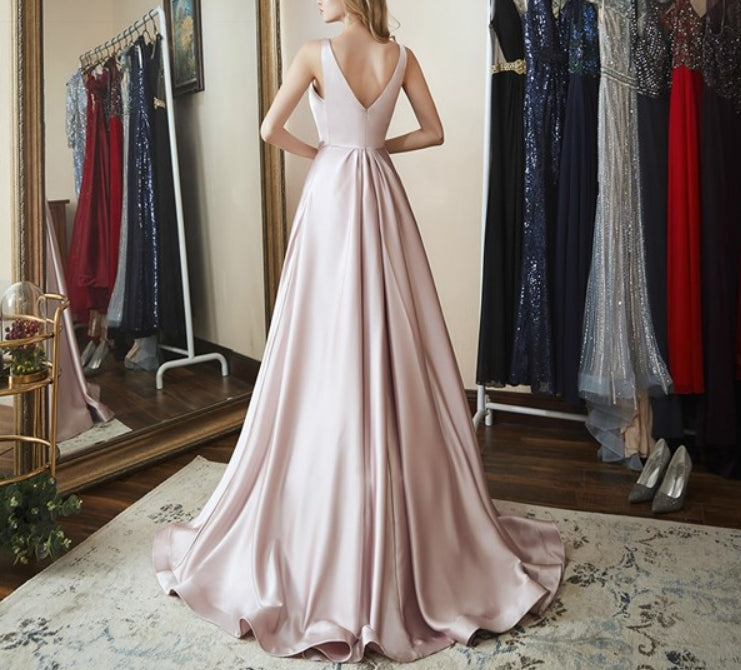 Elegant A Line V Neck Sleeveless Beaded Floor Length Satin Prom Dress