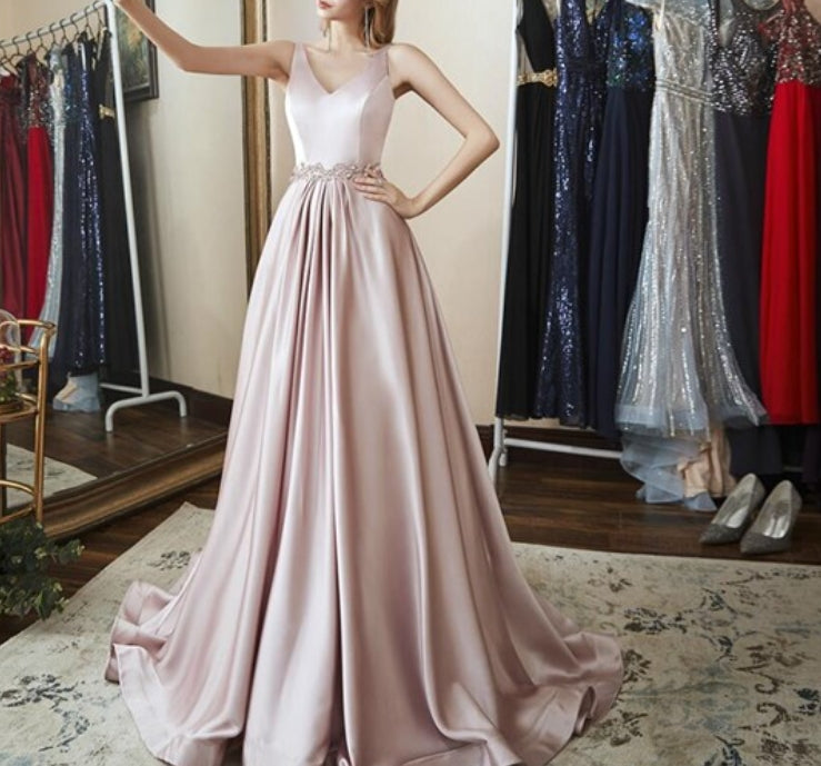 Elegant A Line V Neck Sleeveless Beaded Floor Length Satin Prom Dress