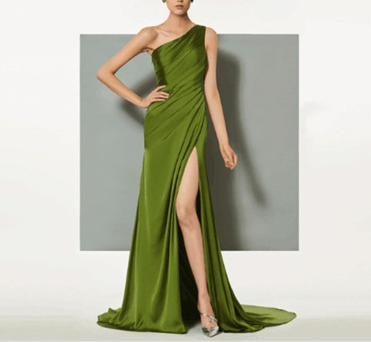 Lime Green One Shoulder Ruched Satin Prom Dress With Split And Train