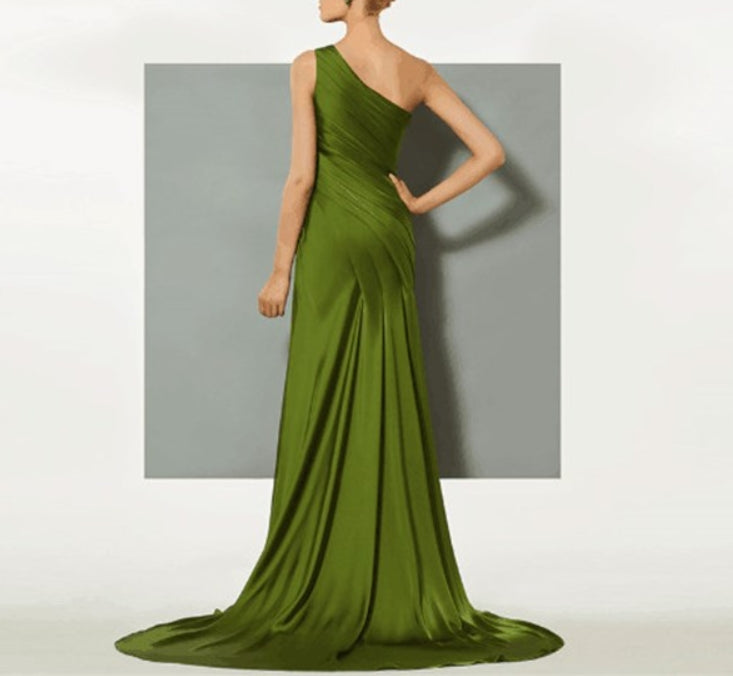Lime Green One Shoulder Ruched Satin Prom Dress With Split And Train