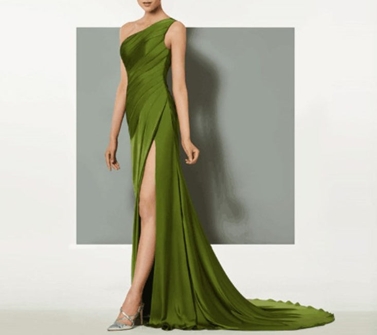 Lime Green One Shoulder Ruched Satin Prom Dress With Split And Train