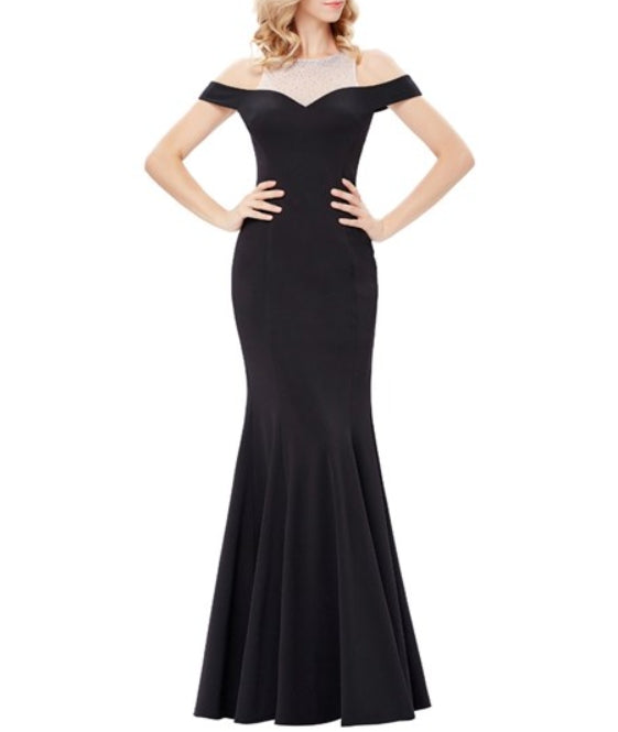 Black High Neck Cap Sleeve Keyhole Beading Sheath Satin Prom Dress