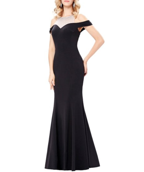 Black High Neck Cap Sleeve Keyhole Beading Sheath Satin Prom Dress