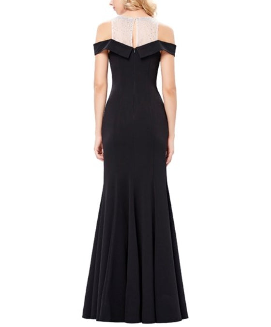 Black High Neck Cap Sleeve Keyhole Beading Sheath Satin Prom Dress