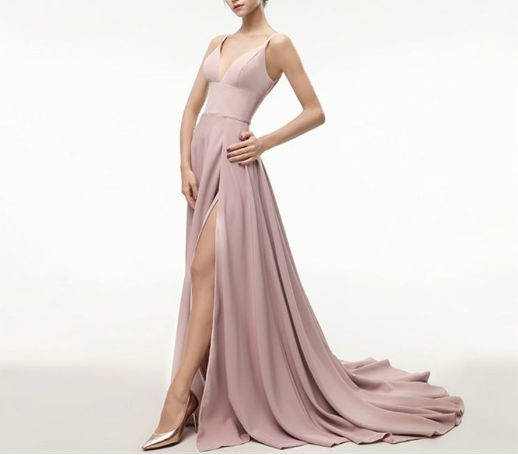 Simple Spaghetti Strap Sleeveless Prom Dress With Split And Train