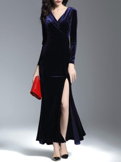 Navy Blue Navy Blue V Neck Long Sleeve Ruched Sheath Long Prom Dress With Split
