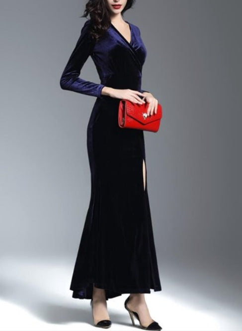 Navy Blue Navy Blue V Neck Long Sleeve Ruched Sheath Long Prom Dress With Split