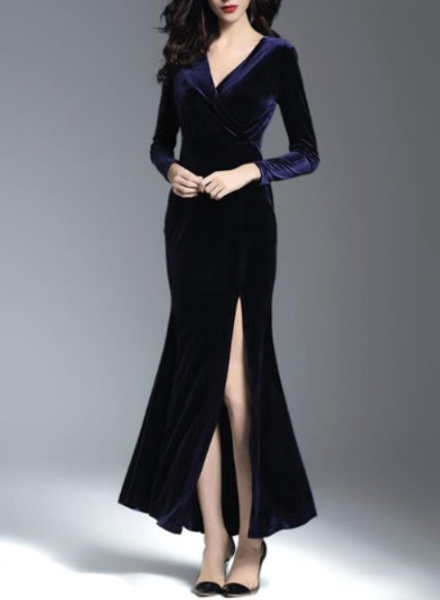Navy Blue Navy Blue V Neck Long Sleeve Ruched Sheath Long Prom Dress With Split