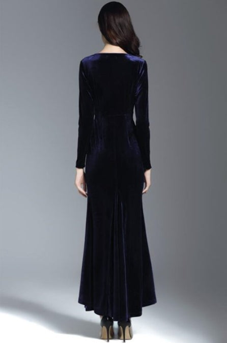 Navy Blue Navy Blue V Neck Long Sleeve Ruched Sheath Long Prom Dress With Split