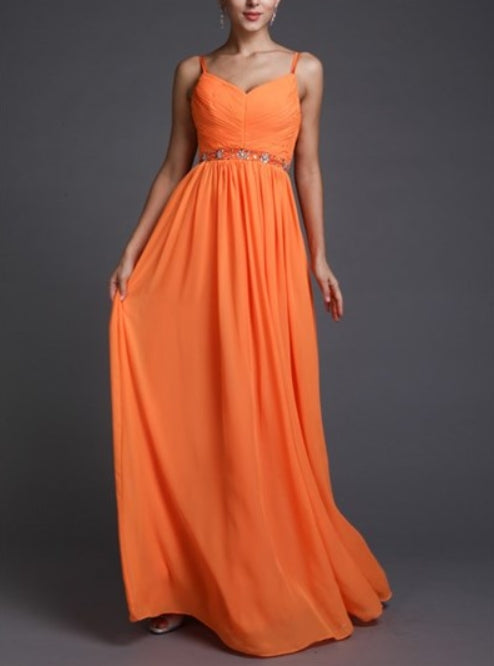 Spaghetti Strap Sleeveless Ruched Bodice Beading Chiffon Prom Dress
