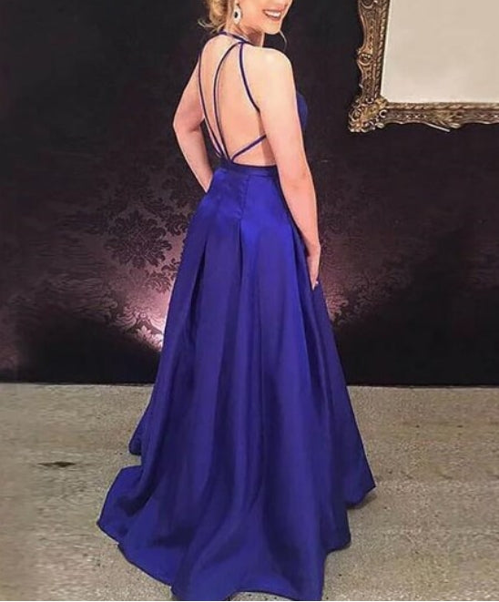 Simple A Line Royal Blue V Neck Sleeveless Cross Back Prom Dress