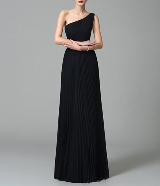 Simple A Line Black One Shoulder Floor Length Chiffon Prom Dress
