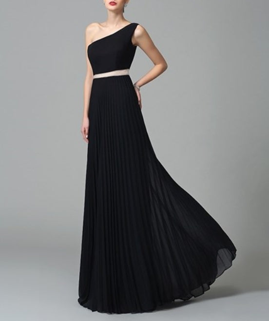 Simple A Line Black One Shoulder Floor Length Chiffon Prom Dress