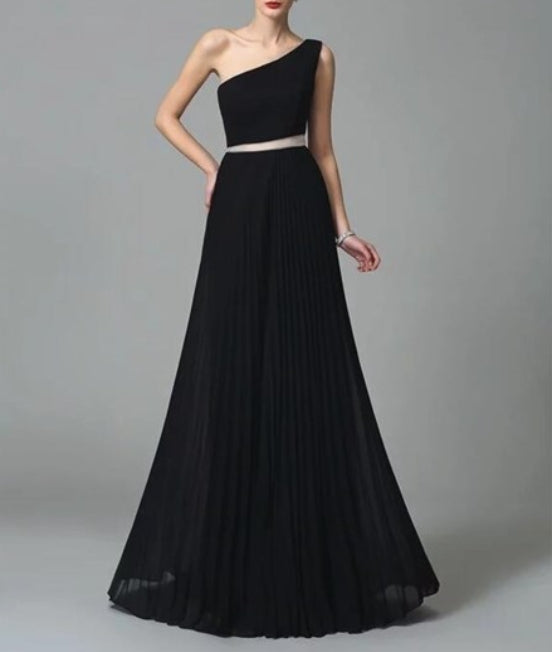Simple A Line Black One Shoulder Floor Length Chiffon Prom Dress