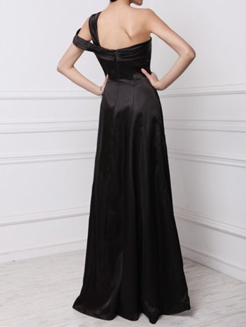 Black One Shoulder Ruched Sleeveless Sheath Long Taffeta Prom Dress