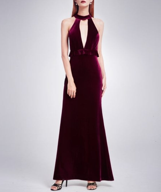 Burgundy Elegant Velvet Sleeveless Long Prom Dress With Keyhole Front