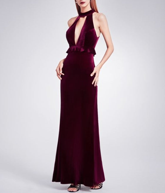 Burgundy Elegant Velvet Sleeveless Long Prom Dress With Keyhole Front