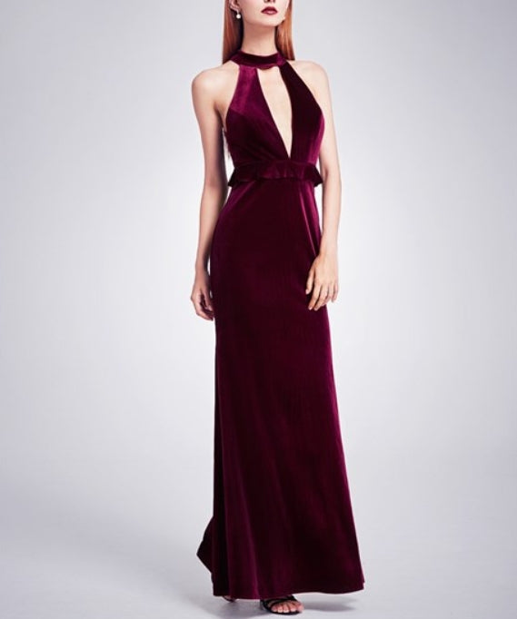 Burgundy Elegant Velvet Sleeveless Long Prom Dress With Keyhole Front