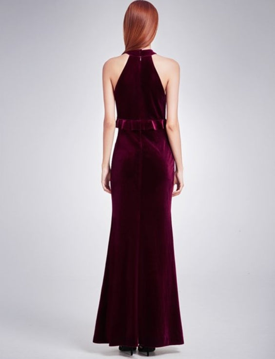 Burgundy Elegant Velvet Sleeveless Long Prom Dress With Keyhole Front