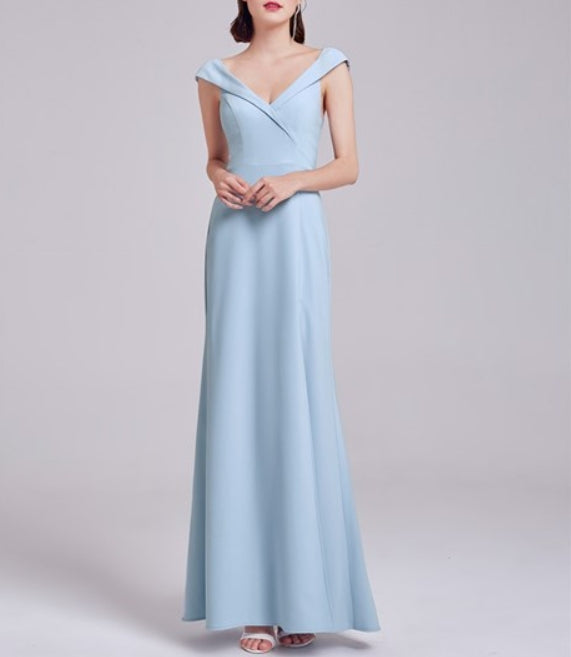 Elegant Light Blue Cap Sleeve V Neck Long Prom Dress With V-Back
