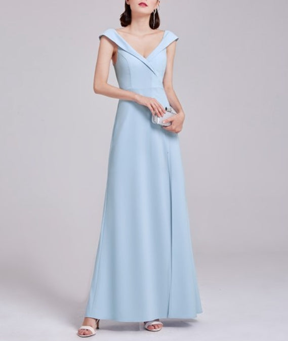 Elegant Light Blue Cap Sleeve V Neck Long Prom Dress With V-Back