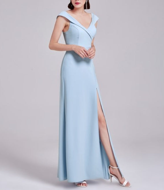 Elegant Light Blue Cap Sleeve V Neck Long Prom Dress With V-Back