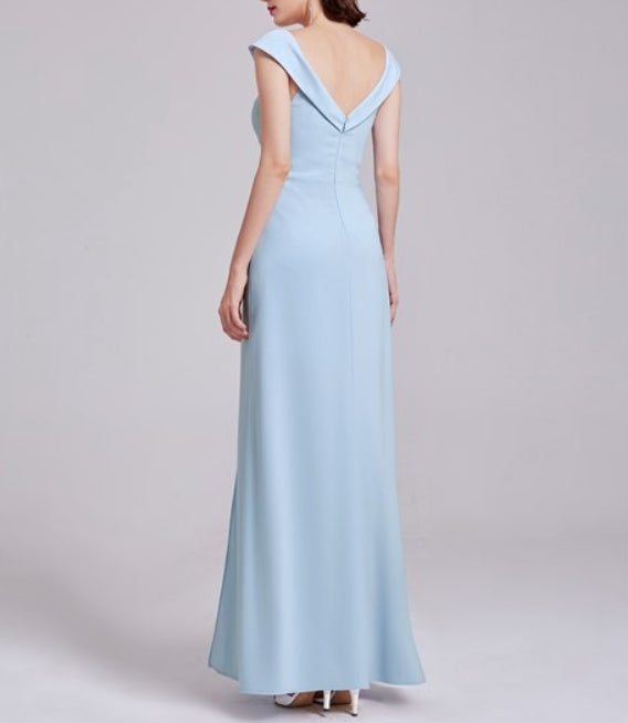 Elegant Light Blue Cap Sleeve V Neck Long Prom Dress With V-Back