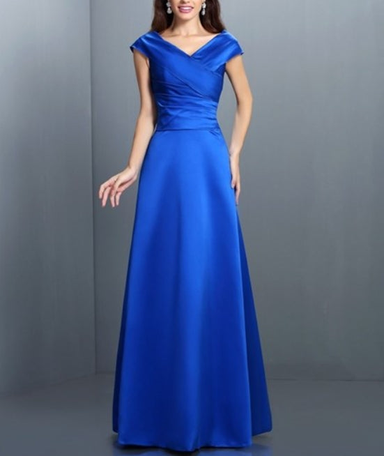 Elegant Royal Blue Cap Sleeve V Neck Floor Length A-Line Prom Dress