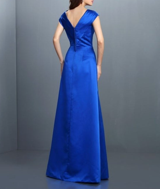 Elegant Royal Blue Cap Sleeve V Neck Floor Length A-Line Prom Dress